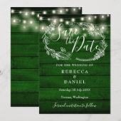 ラスティックグリーンウッドストリングライト フローラルウェディング セーブザデート (正面/裏面)