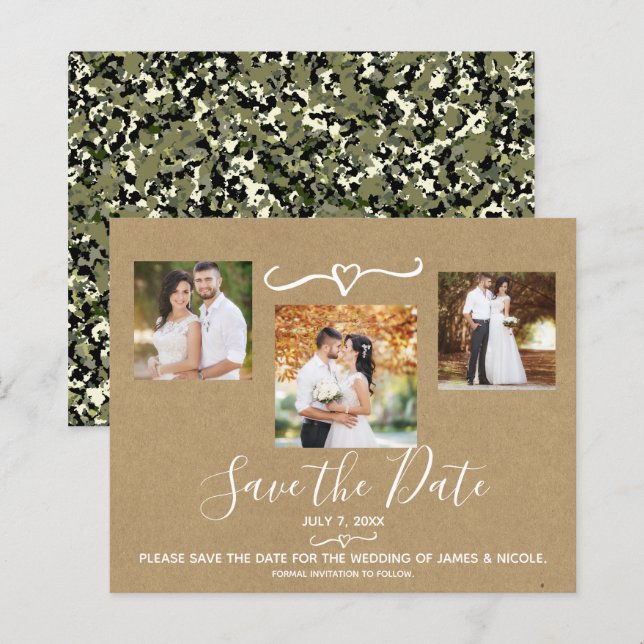 ラスティックグリーンカモフラージュクラフトフォトセーブザデート (正面/裏面)