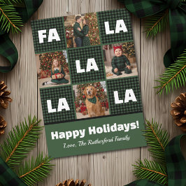 ラスティックグリーンチェック柄Fa La La カスタムフォトクリスマス シーズンカード