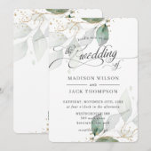 ラスティックグリーンフォリアジュ ゴールドカリグラフィーウェディング 招待状 (正面/裏面)