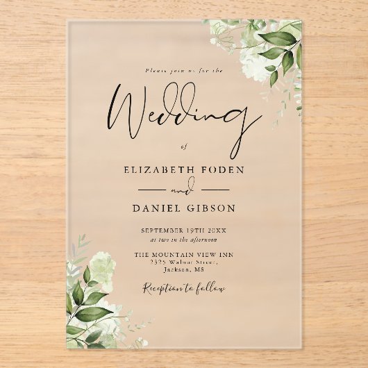 ラスティックグリーンフローラルエレガントモダンウェディング アクリル招待状 (正面)