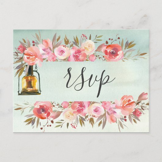 ラスティックグリーン水彩花ランタン ウェディング インビテーションポストカード (正面)