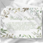 ラスティックグリーン ウォーターカラーの葉のウェディングディテール エンクロージャーカード