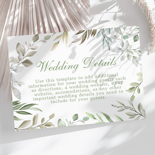 ラスティックグリーン ウォーターカラーの葉のウェディングディテール エンクロージャーカード