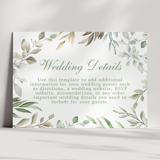 ラスティックグリーン ウォーターカラーの葉のウェディングディテール エンクロージャーカード