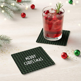 ラスティックグリーン＆ブラックバッファローチェック メリークリスマス スクエアペーパーコースター