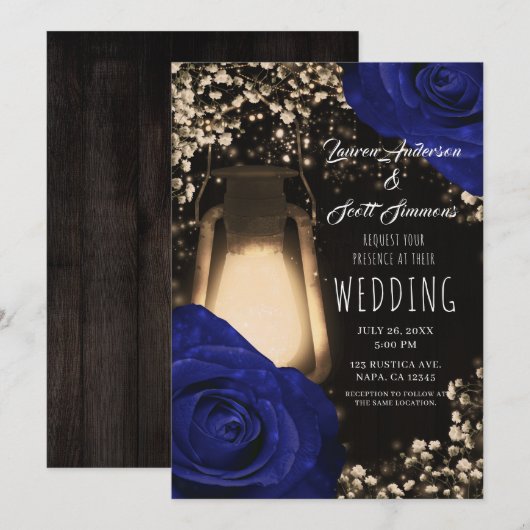 ラスティックグローランタンとネイビーブルーのバラの結婚式の招待状 招待状 (正面/裏面)