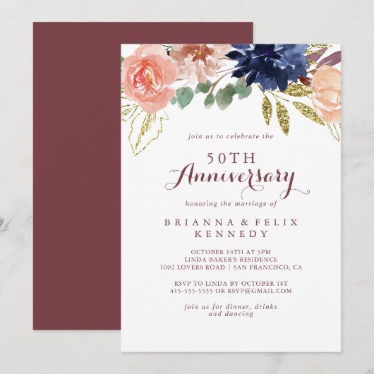 ラスティックゴールドカリグラフィー 50周年結婚記念日 招待状 (正面/裏面)