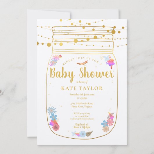 ラスティックゴールドメイソンジャー ストリングライト ベイビーシャワー 招待状 (正面)