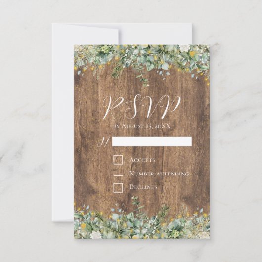 ラスティックゴールドユーカリとホワイトフラワーの結婚式RSVP 招待状 (正面)