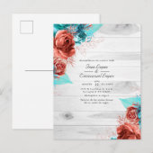 ラスティックターコイズとコーラル フローラル ウェディング 案内ポストカード (正面/裏面)
