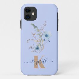 ラスティックダスティブルーの水彩花束 iPhone 11 ケース