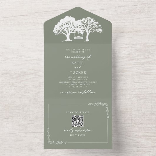 ラスティックツリースイング結婚式 Sage Green QR オールインワン招待状 (内側)