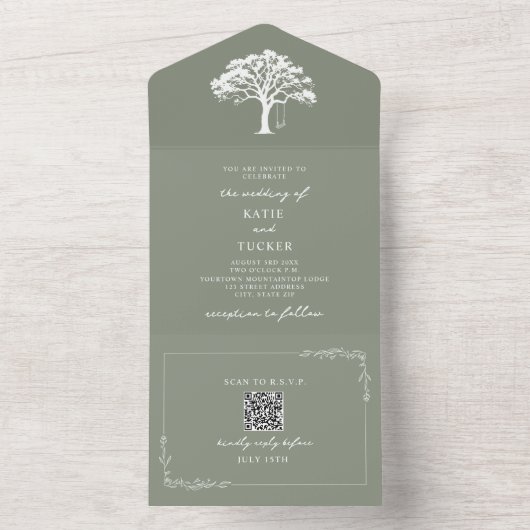 ラスティックツリースウィング結婚式 Sage Green QR オールインワン招待状 (内側)