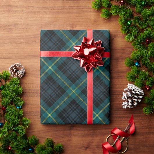 ラスティックネイビーとグリーンのブラックウォッチ プリント ホリデー ラッピングペーパー (クリスマスギフト)