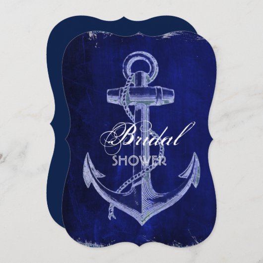 ラスティックネイビーブルーいかり航海のブライダルシャワー 招待状 (正面/裏面)