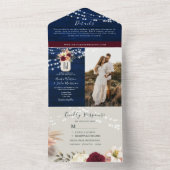 ラスティックネイビーブルーとバーガンディーの花嫁衣装の結婚式 オールインワン招待状 (内側)