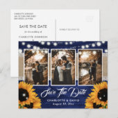 ラスティックネイビーブルーの木製ひまわり結婚式フォト 案内ポストカード (正面/裏面)