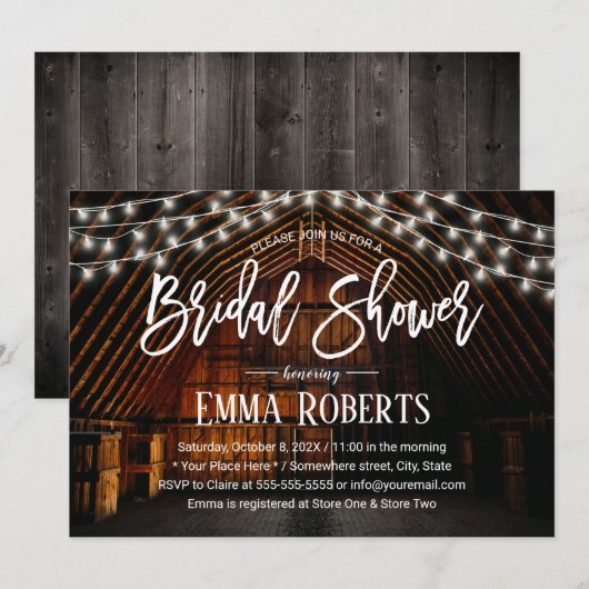 ラスティックバーンウェディングストリングライト ブライダルシャワー 招待状 (正面/裏面)