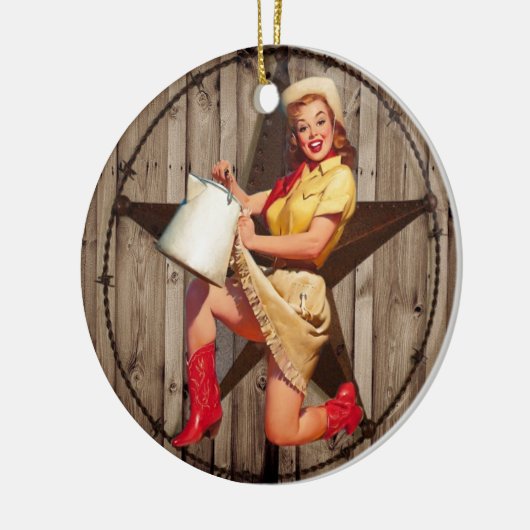 ラスティックバーンウッドテキサス州スターウエスタンカントリー女性のカーボーイ セラミックオーナメント (左)
