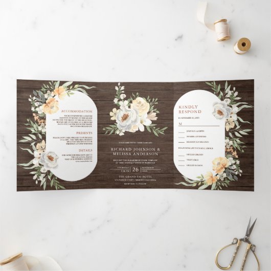 ラスティックバーンウッドボホーアーシー ピーチフラワーのウェディング 三つ折り招待状 (内部)