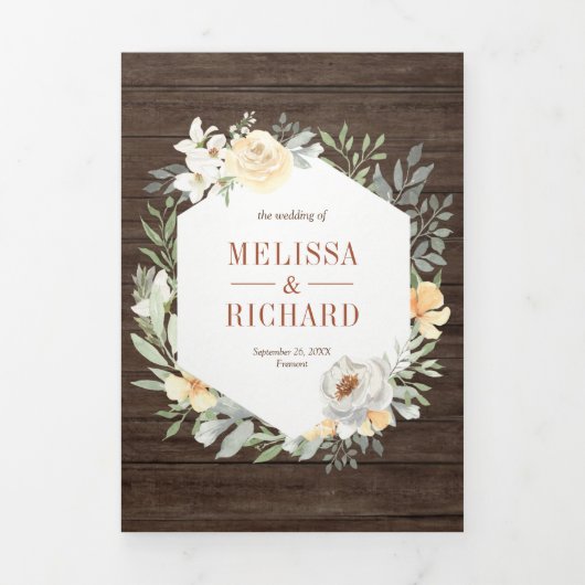 ラスティックバーンウッドボホーアーシー ピーチフラワーのウェディング 三つ折り招待状 (カバー)