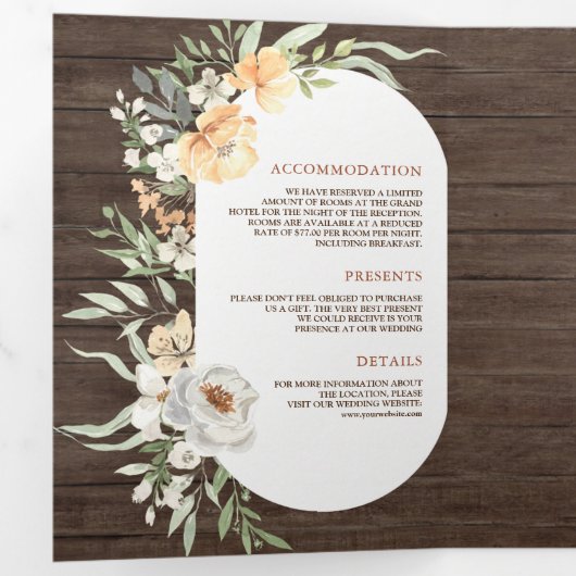 ラスティックバーンウッドボホーアーシー ピーチフラワーのウェディング 三つ折り招待状 (内部最初)