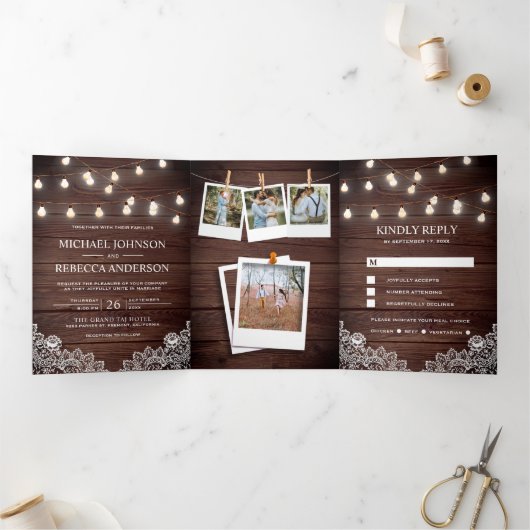 ラスティックバーンウッドレースストリングライト写真ウェディング 三つ折り招待状 (内部)