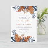 ラスティックブラウンとミッドナイトブルーの葉のウェディング 招待状 (スタンド正面)