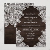 ラスティックブラウンウッドホワイトレースカントリーウェディング 招待状 (正面/裏面)