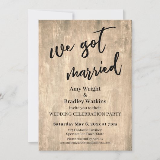 ラスティックブラウンウッド  私たち結婚しました ウェディングレセプション 招待状 (正面)