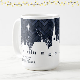 ラスティックブルーのクリスマスビレッジシェブロンニット  コーヒーマグカップ