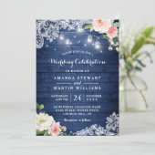 ラスティックブルーウッドストリングライト フローラルウェディング 招待状 (スタンド正面)