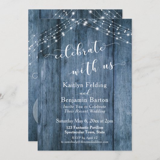 ラスティックブルーウッド&ライト 私たちと一緒に祝おう 招待状 (正面/裏面)