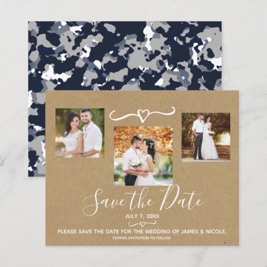 ラスティックブルーグレー カモフラージュ クラフト紙 写真付き 結婚式日程お知らせ (正面/裏面)