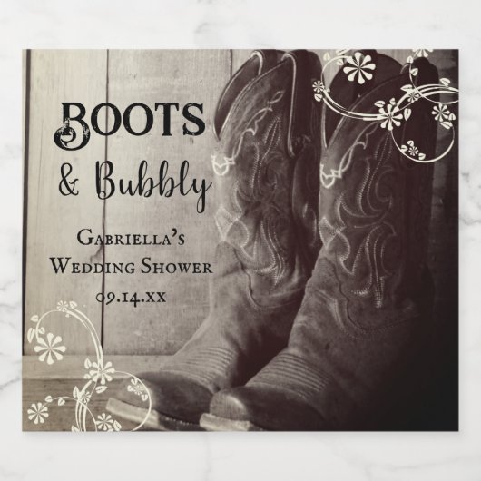 ラスティックブーツとバブルフラワーのウェディングシャワー スパークリングワインラベル (シングルラベル)