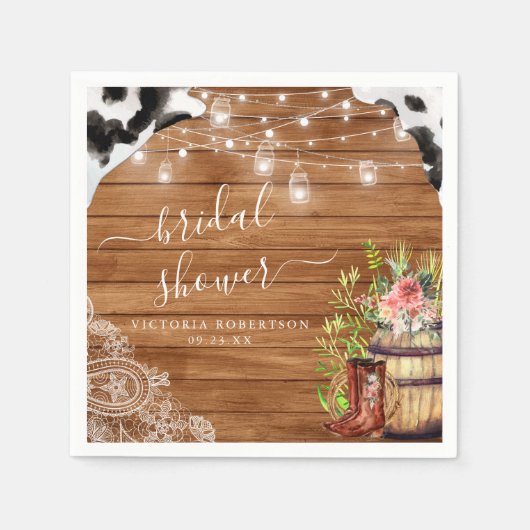 ラスティックブーツカウガールウェスタン ブライダルシャワー スタンダードカクテルナプキン (正面)