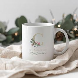 ラスティックベリーの枝のイニシャルと名前のクリスマス コーヒーマグカップ
