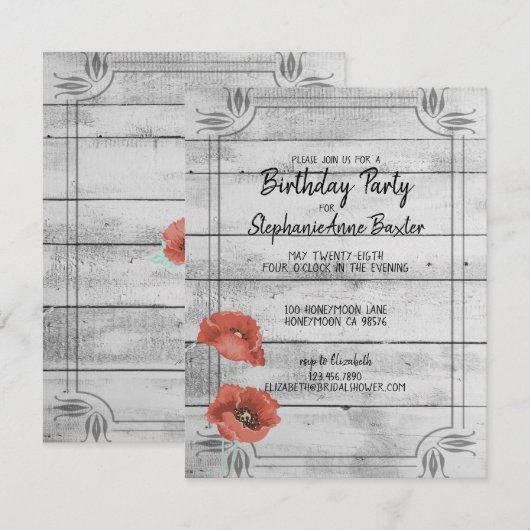 ラスティックホワイトウッドポピー花 誕生日招待状 招待状 (正面/裏面)