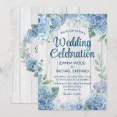 ラスティックホワイトウッド | 青いハイドランジアの結婚式 招待状 (正面/裏面)