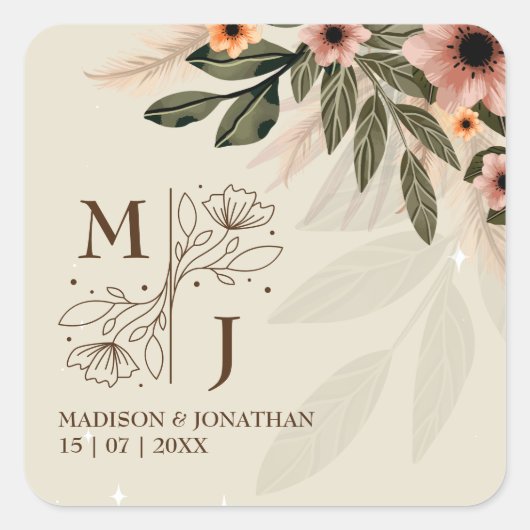 ラスティックボヘミアンミニマリストウェディング スクエアシール (正面)