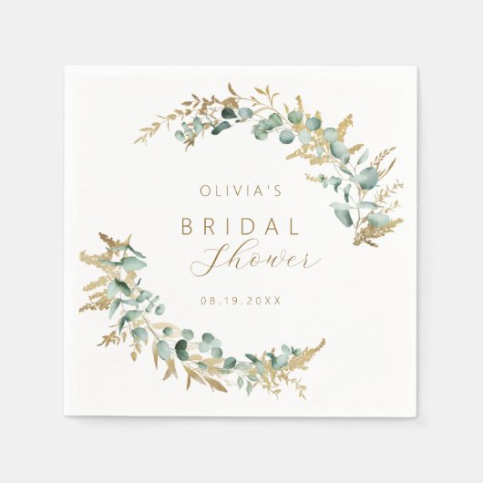 ラスティックユーカリゴールドグリーン ブルームのボヘミアンスタイルのブライズシャワー スタンダードカクテルナプキン (正面)