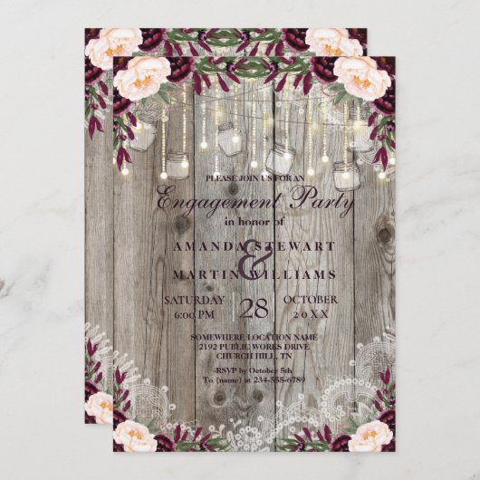 ラスティックレースジャーウッド&ストリングライトエンゲージメント 招待状 (正面/裏面)