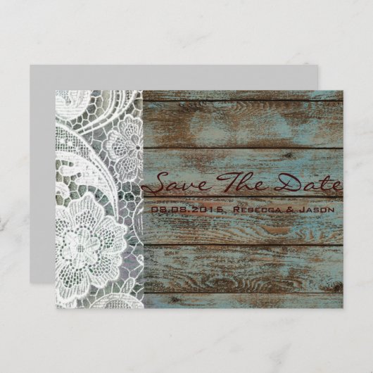 ラスティックレースティール（緑がかった色）バーンウッドウェディング日付を保存 案内ポストカード (正面/裏面)
