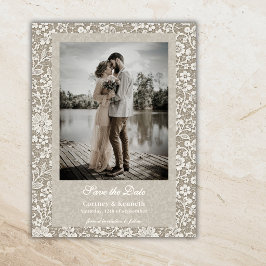 ラスティックレース写真付きベージュの結婚式Save The Date ポストカード