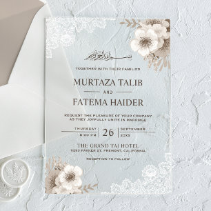 ラスティックレース アイボリー フローラル イスラム 結婚式 アクリル招待状