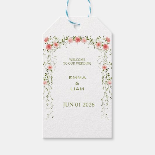ラスティックヴィンテージのピンクの花のアーチの結婚式 ギフトタグ (正面)