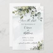 ラスティック水彩ユーカリグリーン セーブ・ザ・デート 招待状 (正面/裏面)