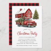 ラスティック水彩 赤いトラック クリスマス パーティー 招待状 (正面/裏面)