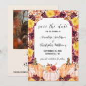 ラスティック秋の水彩花とパンプキンの写真 セーブザデート (正面/裏面)
